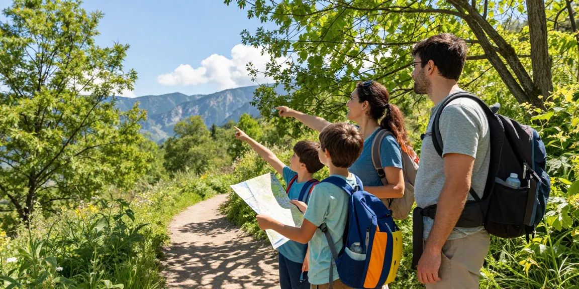 Family enjoying outdoor adventure on a hiking trail with mantra88 theme.