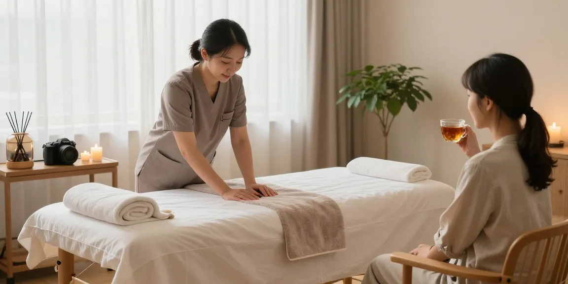 안양출장마사지 service setup with therapist, massage table, and calming environment.