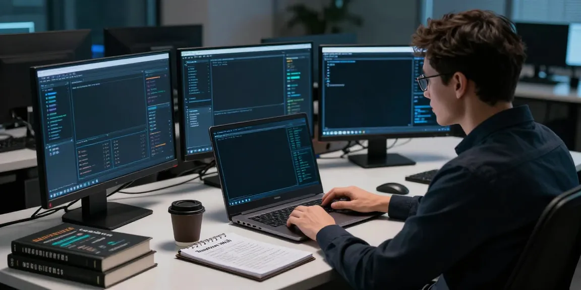 Cybersecurity expert analyzing dark web data on monitors with notes about the hidden wiki.