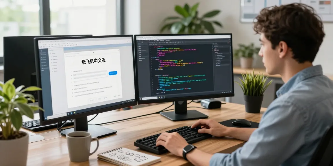 Developer using the 纸飞机中文版 interface in a modern tech workspace with multiple screens.