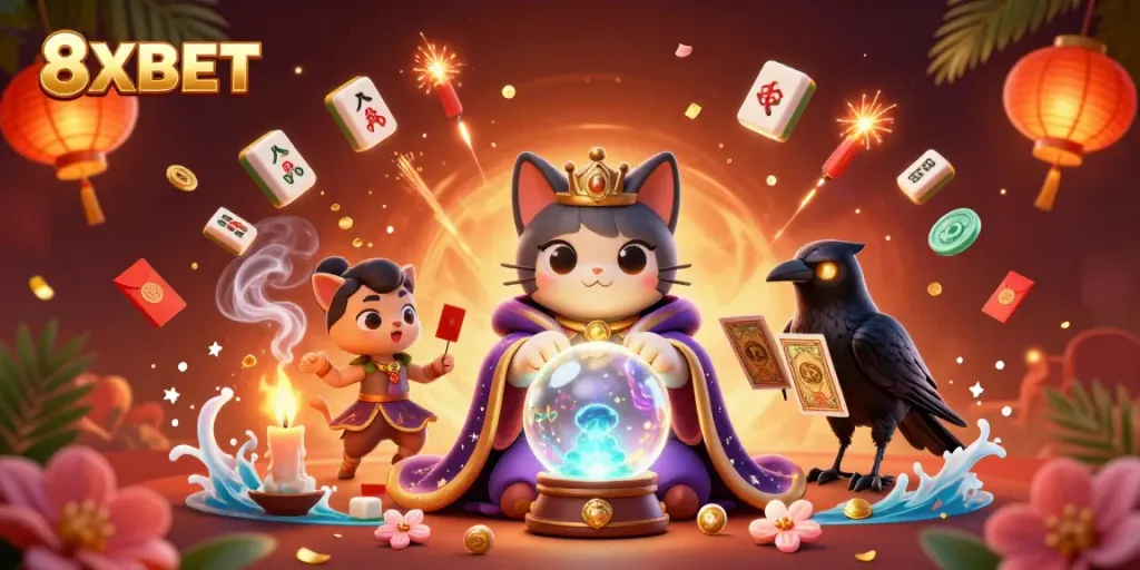 Engage with 8XBET in a vibrant 3D casino scene featuring mystical elements and dynamic game symbols.