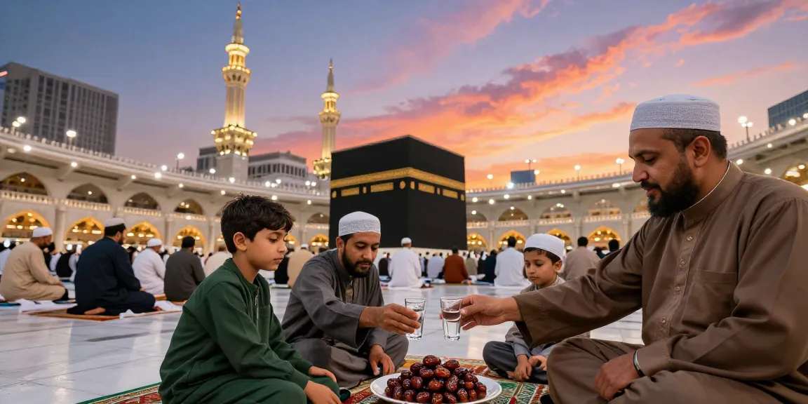 Umroh Itikaf travel experience at Masjidil Haram, vibrant sunset, cultural immersion.