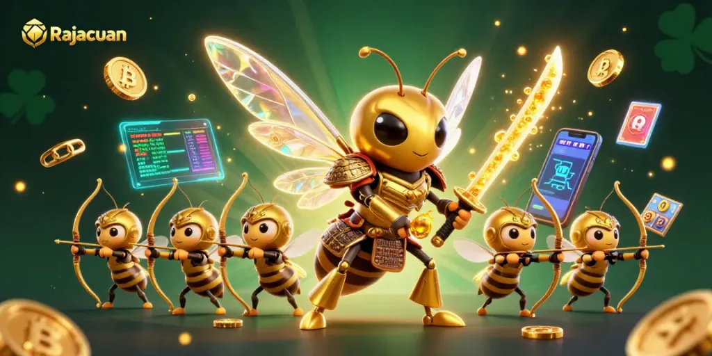Experience thrilling gameplay with Rajacuan's vibrant slot games and crypto elements in a stunning illustration.