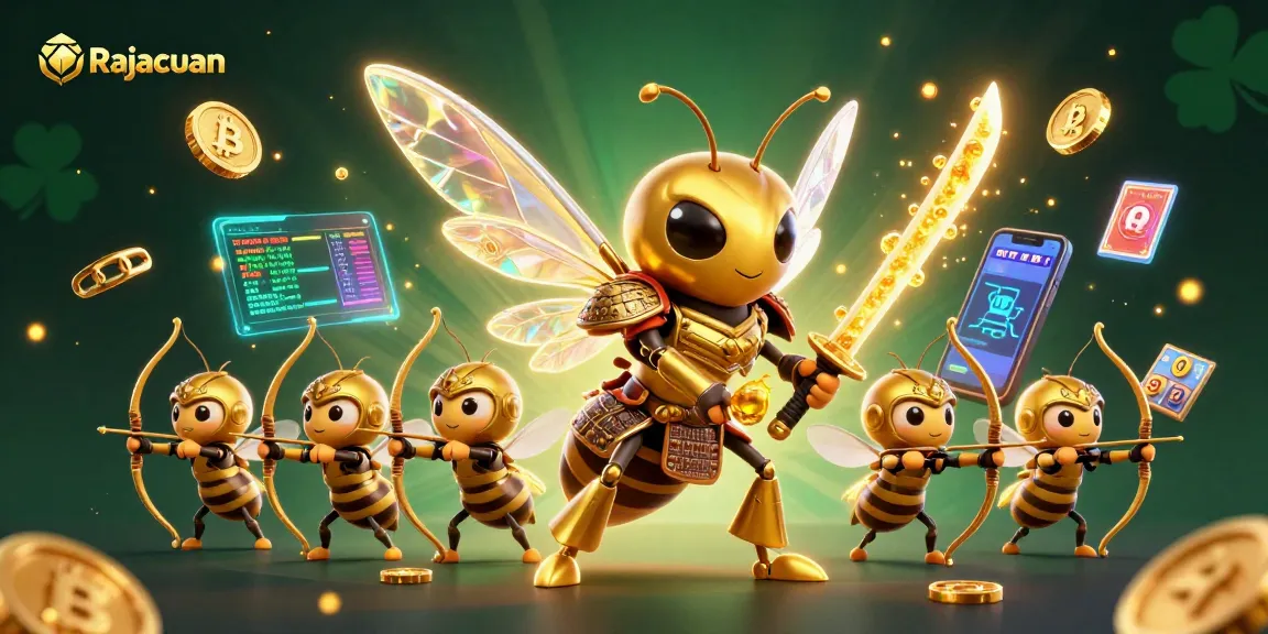 Experience thrilling gameplay with Rajacuan's vibrant slot games and crypto elements in a stunning illustration.