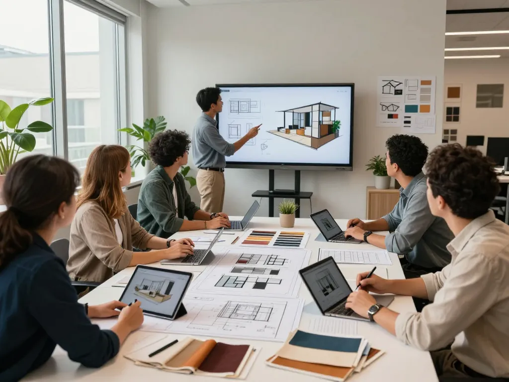 Architectural design team collaborating on ออกแบบบ้าน กรุงเทพ concepts in a modern office.