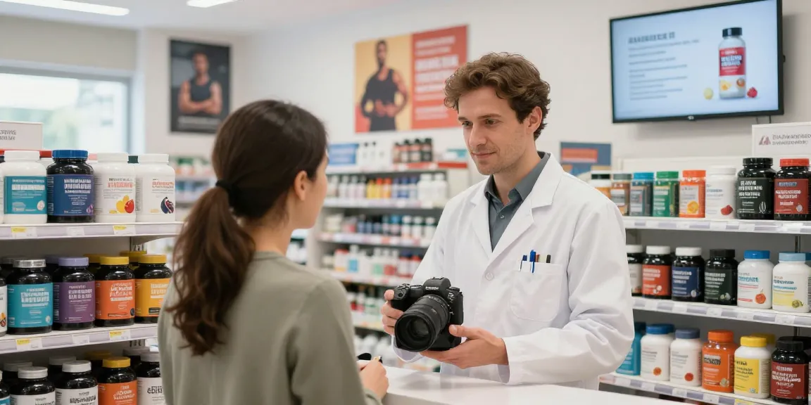 Energiegeladenes Szenario im Unique Pharma Shop mit einem Apotheker, der einem Kunden bei der Auswahl sportlicher Ergänzungen hilft.