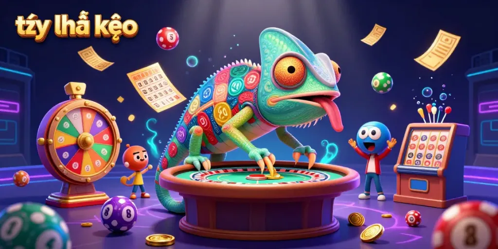 Experience the dynamic action of tỷ lệ kèo with colorful lottery balls, a lively chameleon mascot, and vibrant casino elements.