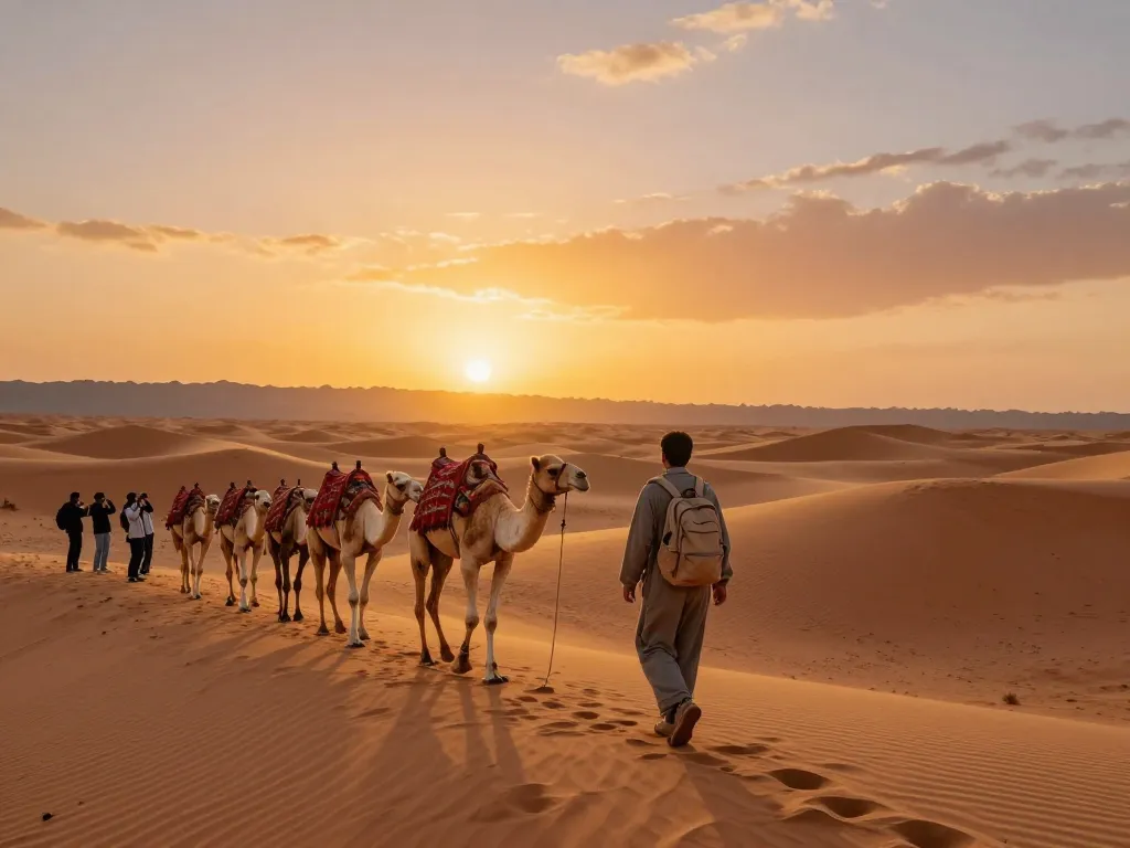 Traveler enjoying a Sahara Desert adventure with a leading Morocco tour company, surrounded by camels and sunset.