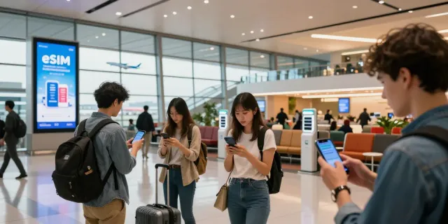eSIM לחו"ל - נוסעים בטרקלין נמל תעופה בודקים חבילות נתונים