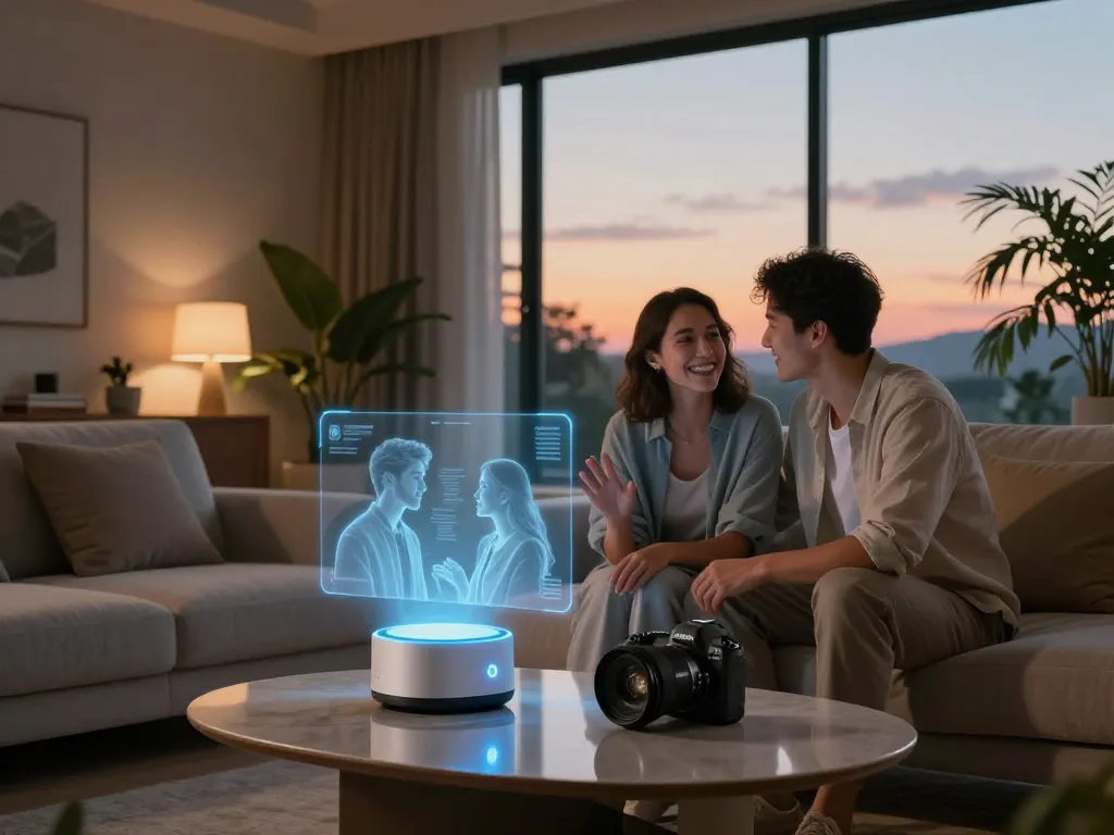 Couple engaging with an AI device in a cozy modern setting, exploring ai sex themes.