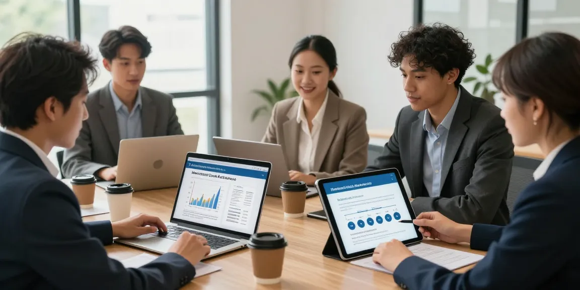 Apply for merchant cash advance with a group of small business owners collaborating and using technology in a modern office.