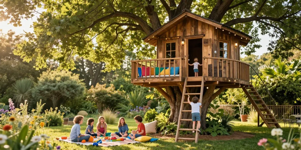 Tree house life captured with family enjoying nature and sunshine.