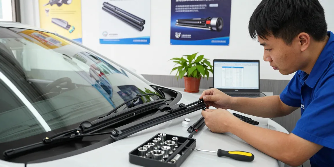Expert technician installing a hybrid wiper blade in a well-lit automotive garage, showcasing quality wiper blade options and tools.