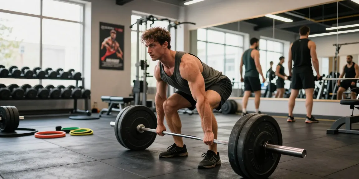 Anabolika Shop - Bodybuilder beim intensiven Training in einem modernen Fitnessstudio, umgeben von Gewichten und motivierender Atmosphäre.