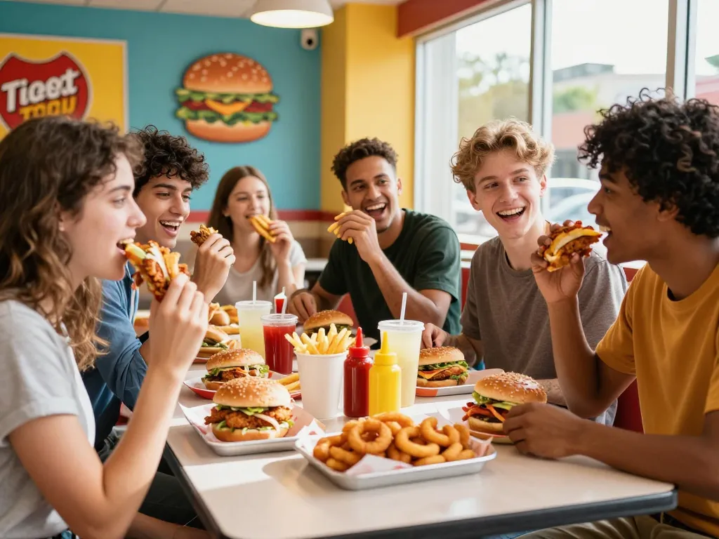 Friends enjoying a fast food menu at a vibrant restaurant.