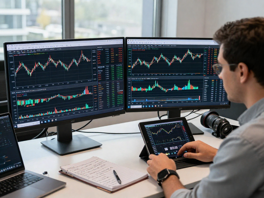 使用TradingView进行市场分析的交易员在现代办公环境中查看多资产图表,集中注意力,促进高效交易。