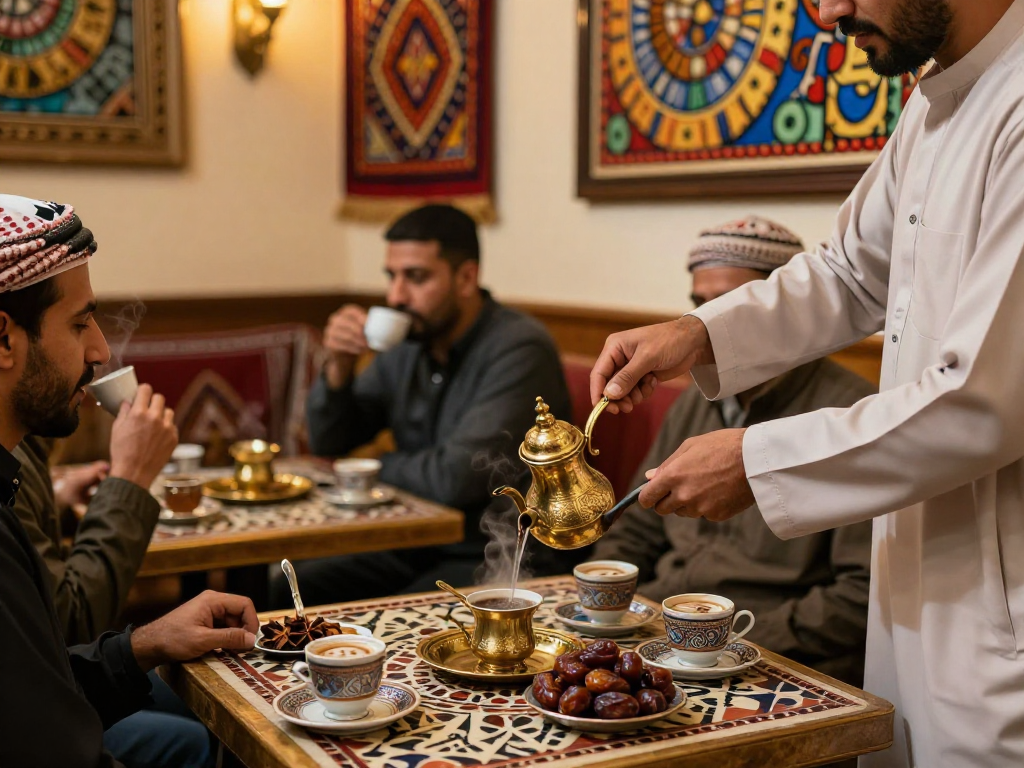 قهوجيين وصبابين يقدمون القهوة في مقهى عربي تقليدي مع أجواء دافئة.