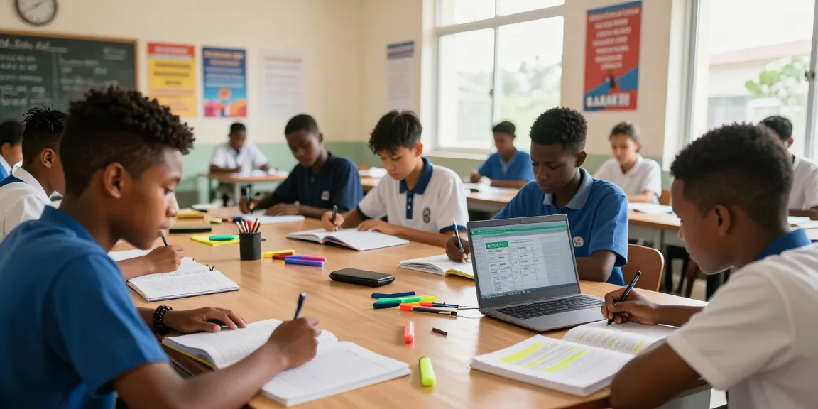 Students studying with the 2026 WAEC timetable visible on a laptop screen in a bright classroom.