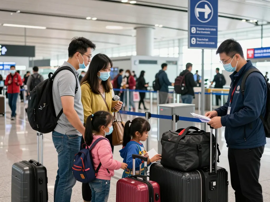 Family navigating airport during Global Security Alert, highlighting safety procedures and travel challenges.