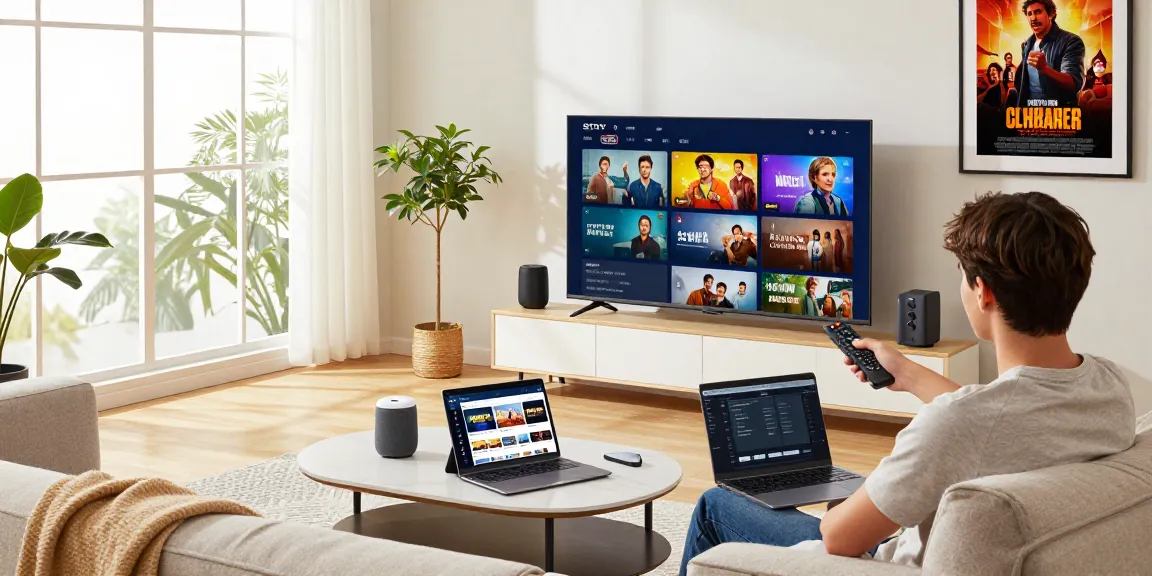 IpTV Deutsch Einrichtung in modernem Wohnzimmer mit Streaming-Inhalten auf dem großen Bildschirm.