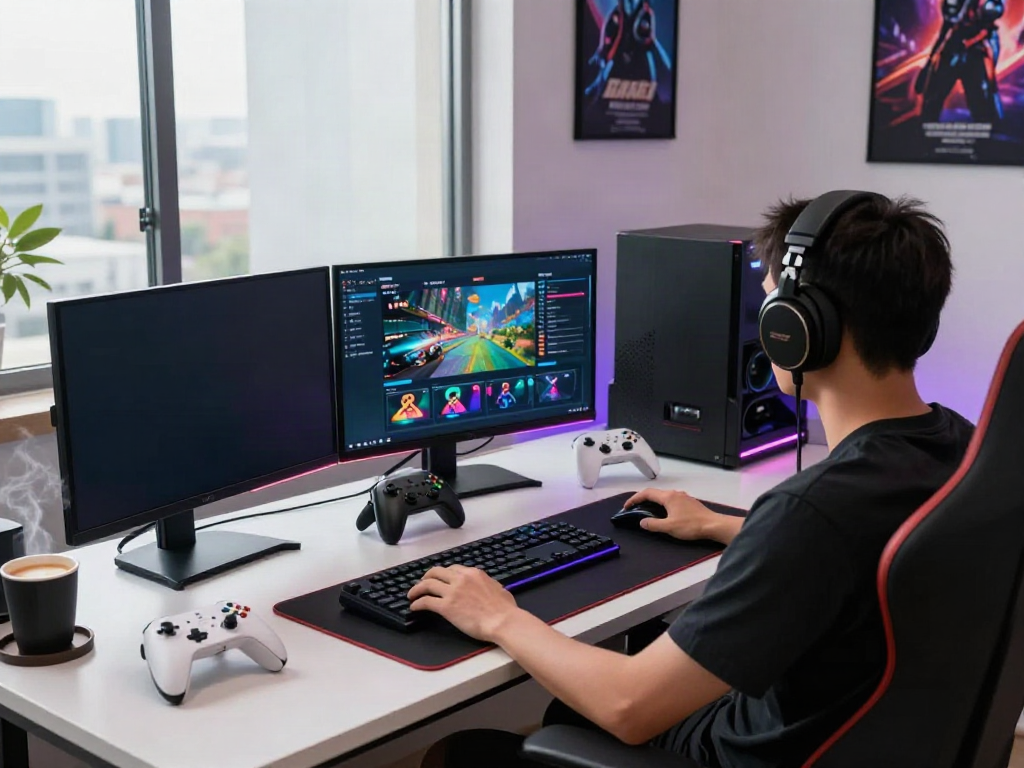 G15Tools gaming setup with multiple monitors showcasing vibrant game content and gadgets