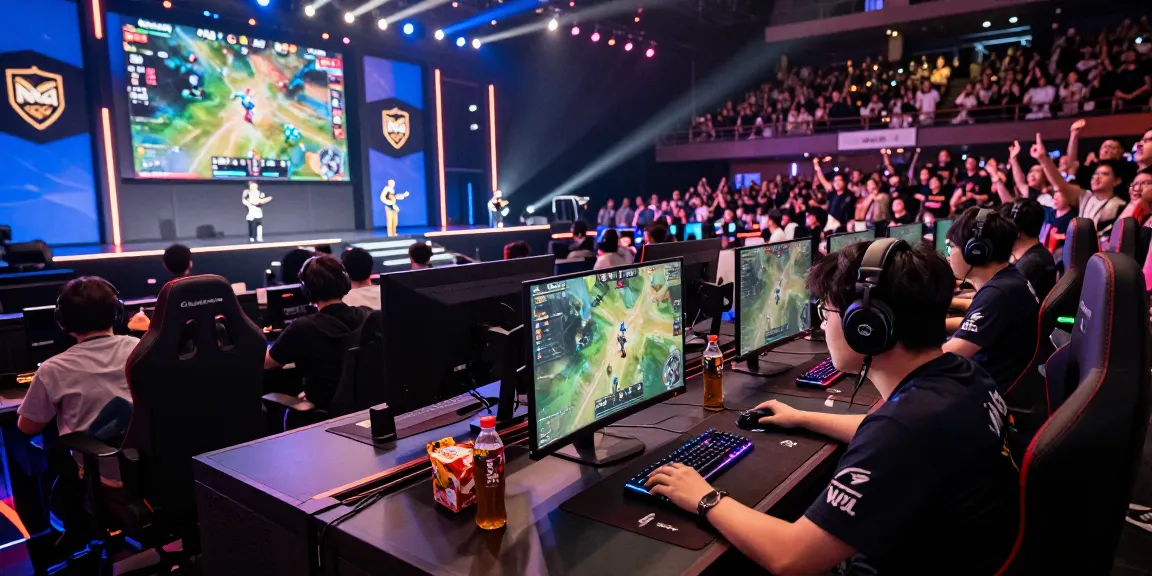 Esports competitors engaged in the NAGA2000 tournament in a vibrant arena setting.