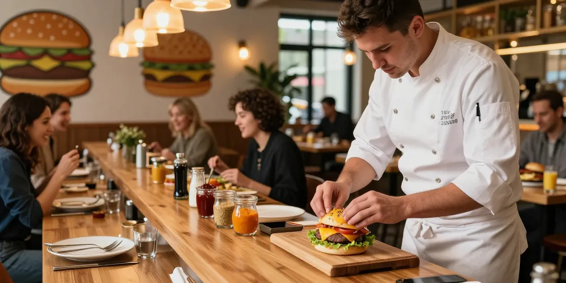 Fortune Tiger gourmet burger being expertly assembled in a vibrant restaurant