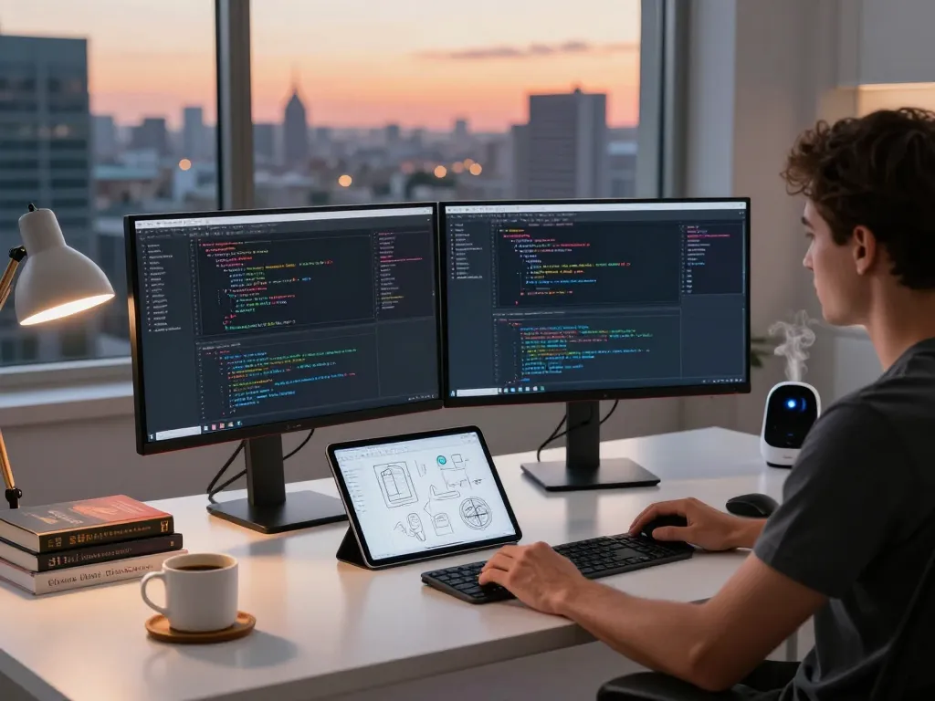 Modern developer workspace showing image to prompt ai in action with coding, design elements, and urban sunset backdrop.