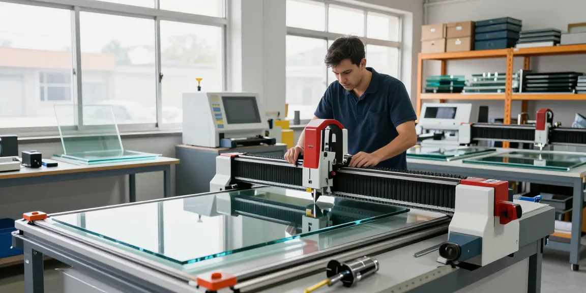 A skilled technician operating a CNC glass cutting table in a modern glass processing workshop, emphasizing high precision and advanced machinery
