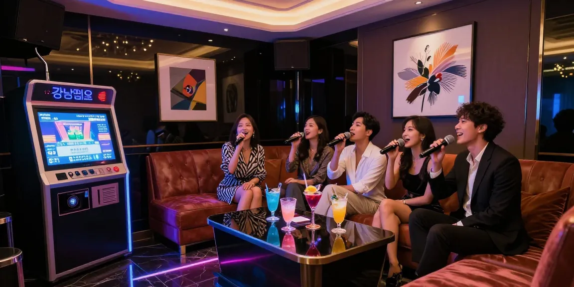 강남쩜오 화려한 노래방 분위기에서 친구들이 함께 노래를 부르는 모습