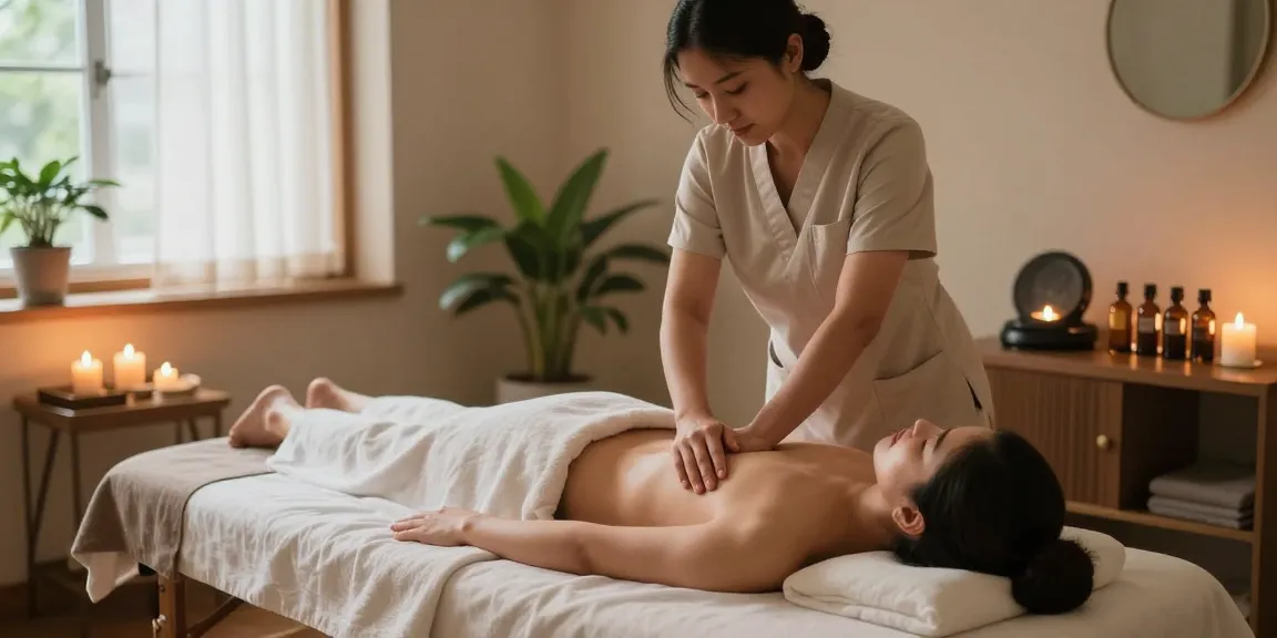 스웨디시 마사지 중인 고객과 치료사, 아늑한 스파 공간의 촛불과 식물이 조화를 이루는 모습
