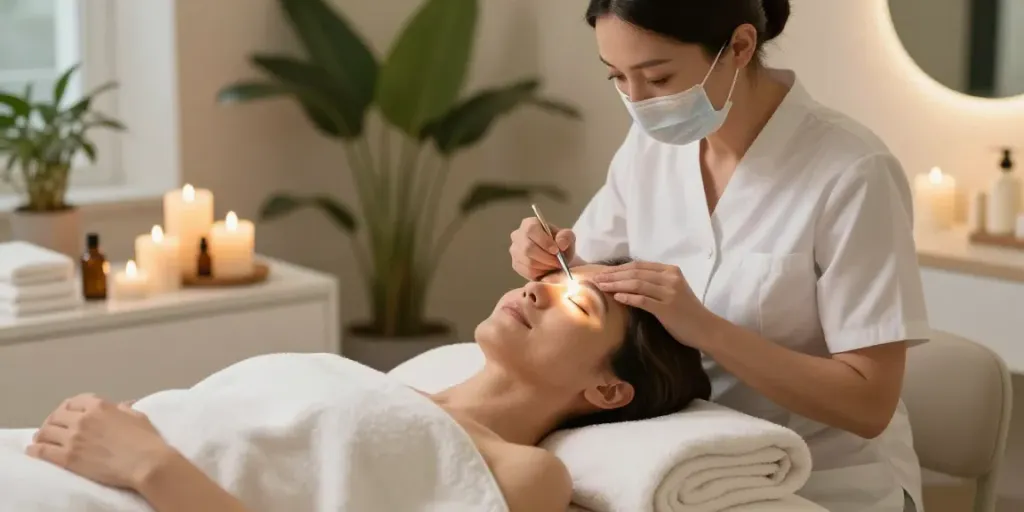 Augenringe entfernen Behandlung in einem eleganten Spa mit ästhetischer Behandlung für ein entspanntes Gesicht.