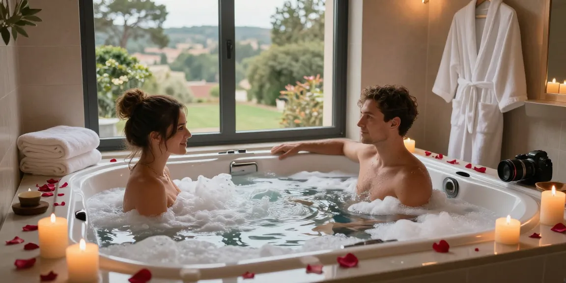 Relaxing in a jacuzzi privatif Toulouse, a romantic escape with cozy ambiance and luxurious spa setting.