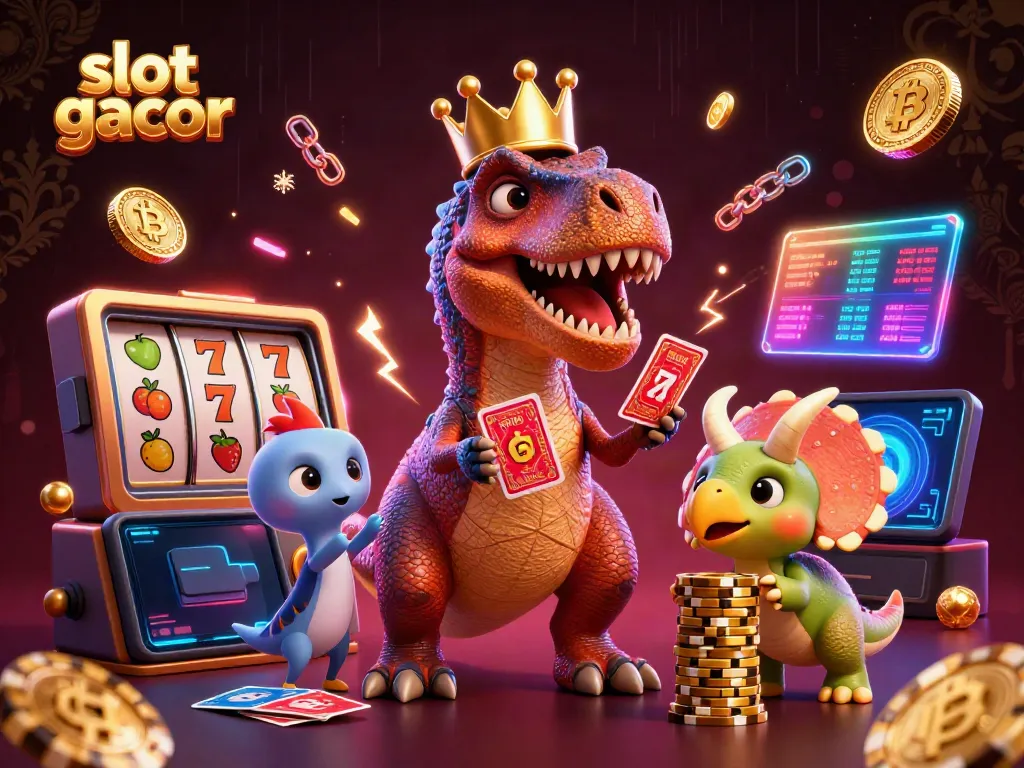 Experience the thrill of slot gacor with friendly dinosaur characters and vibrant casino elements in this 3D illustration.