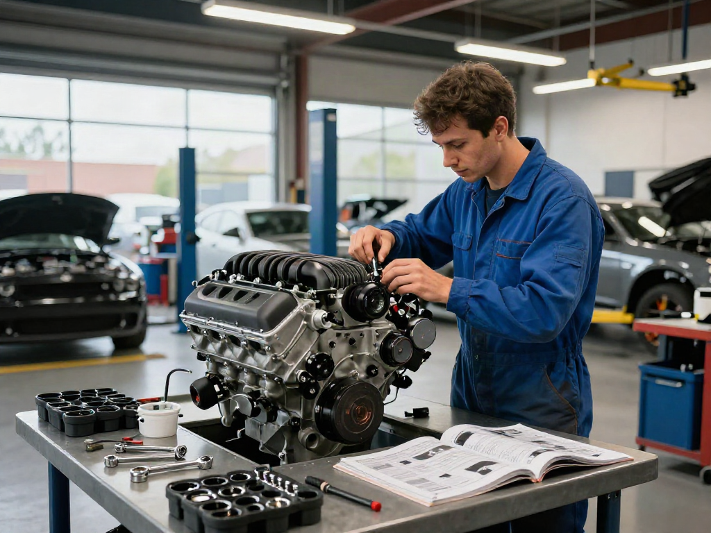 Hellcat engine for sale showcased in a professional workshop with a technician inspecting its components.