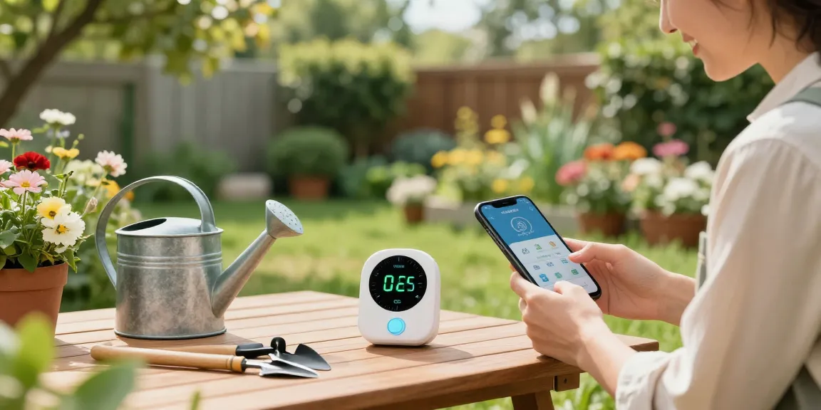 Person configuring RainPoint WiFi timer in a vibrant home garden to optimize plant watering