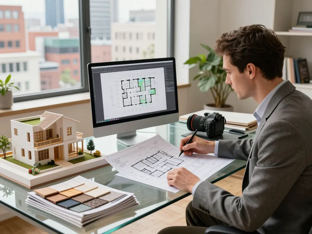 Architect reviewing plans for ออกแบบบ้าน กรุงเทพ in a modern workspace filled with design materials