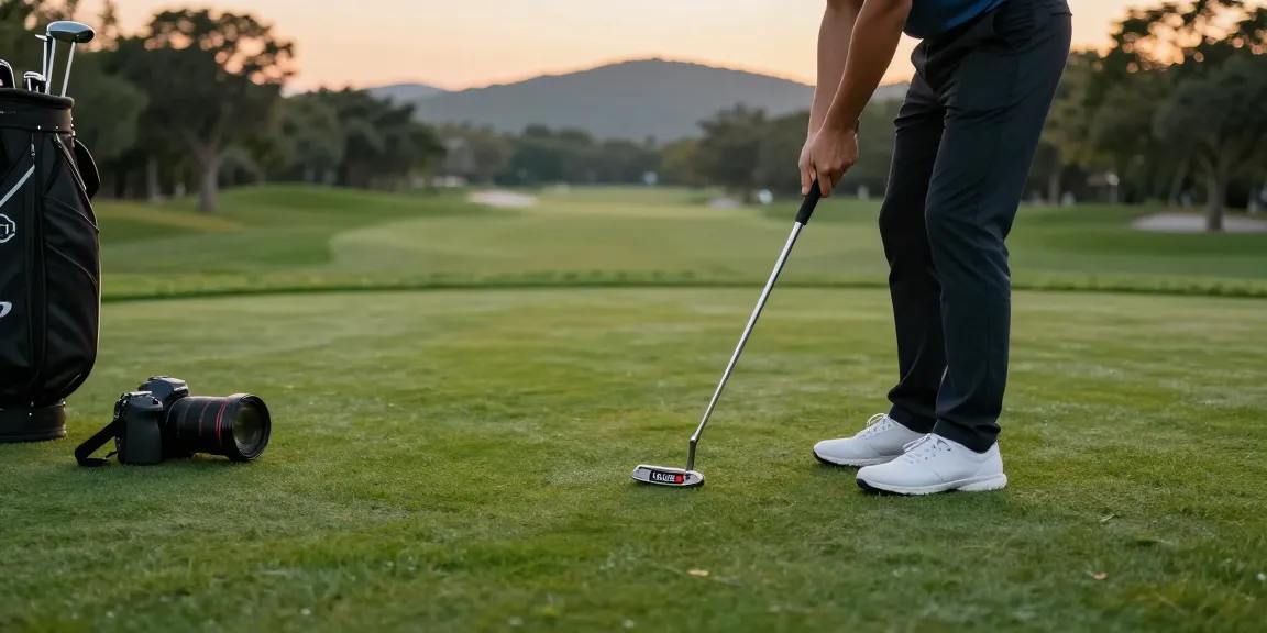 Latihan golf di lapangan hijau dengan putter dari https://puttperfection.com/putter-reviews, menciptakan momen Putt Perfection.