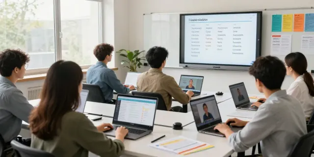 Situs toto interactive online language learning environment with students using laptops and educational materials.