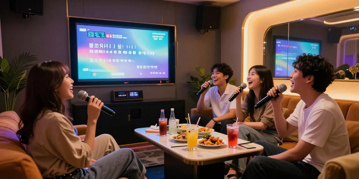 엘리트 가라오케에서 친구들과 즐거운 시간을 보내는 모습, 프라이빗한 노래방 분위기.