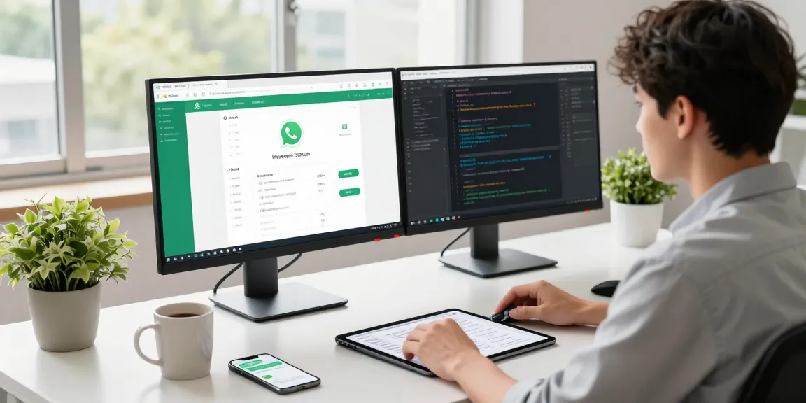 Using WhatsApp網頁版 in a modern workspace with dual monitors and organized desk elements.