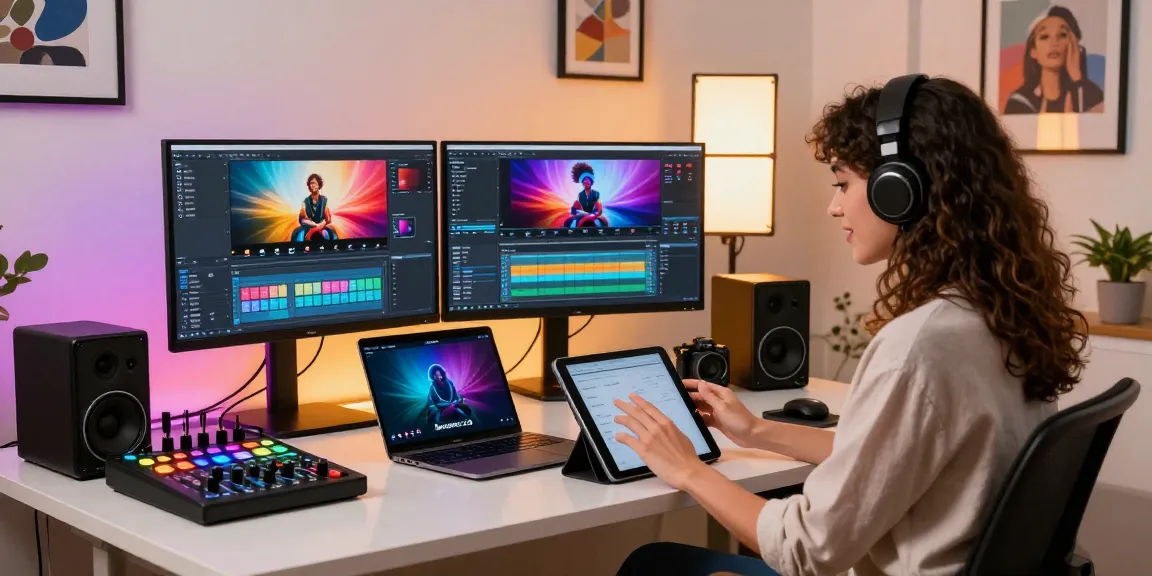 Creative workspace with a content creator using ai seedance 2.0 for video editing, showcasing vibrant tech setup and inspiring atmosphere.