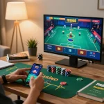 Player engaging with mb66 app on smartphone in cozy living room while managing poker chips.