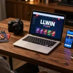 Engaging user immersed in LLWIN online casino experience at home, showcasing strategy tools and devices.