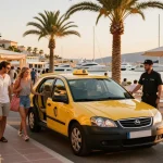 Taxi Saint Tropez attendant des passagers devant un club de plage, mettant en valeur une expérience de voyage de luxe.