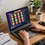 Engaged user spinning kdslot reels on laptop in a cozy home gaming setup.