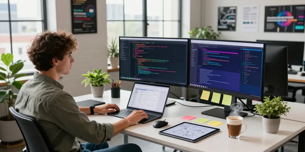 Dynamic software development workspace showcasing openclaw skills with multiple monitors and tech tools.
