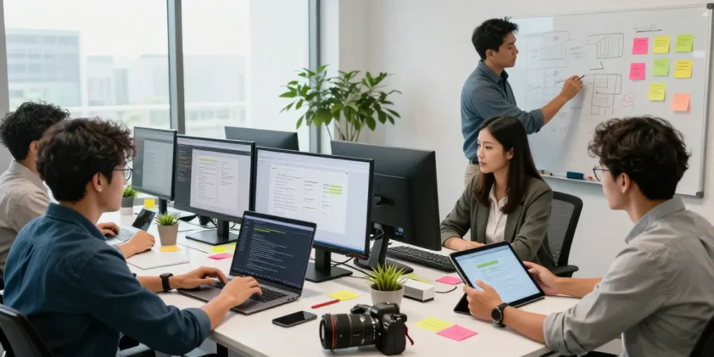 Team collaboration in a web development Malaysia office, showcasing designers and developers crafting innovative solutions.
