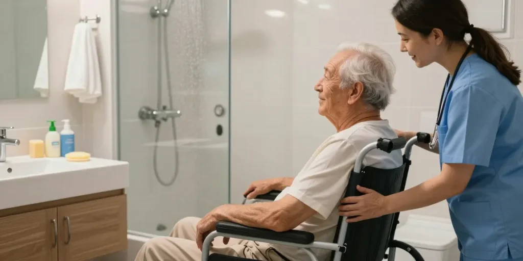 Senior using a 長者沐浴椅 in a safe and supportive bathroom environment.