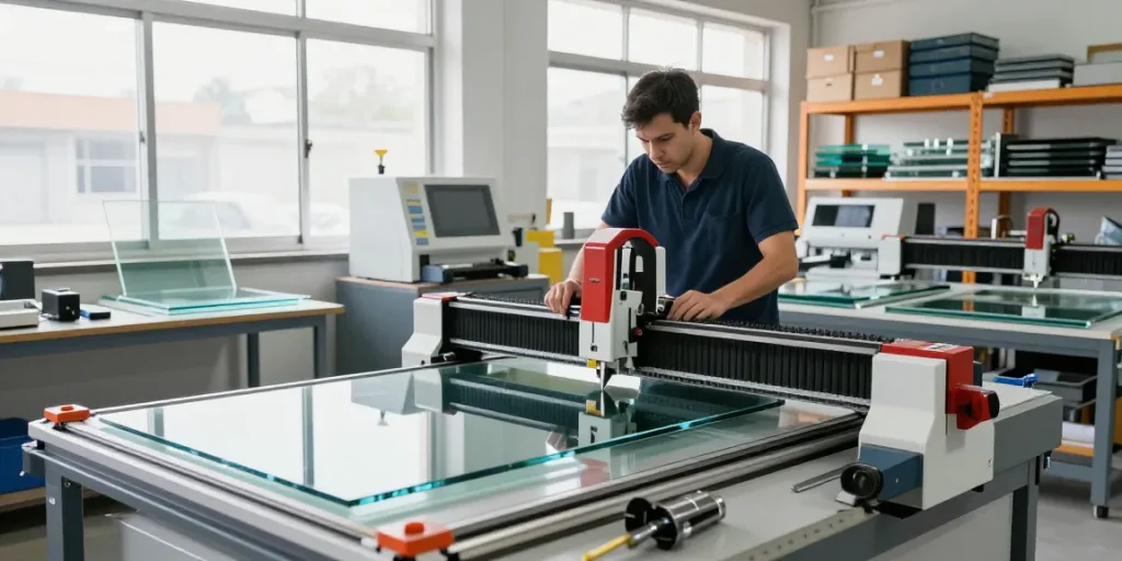A skilled technician operating a CNC glass cutting table in a modern glass processing workshop, emphasizing high precision and advanced machinery